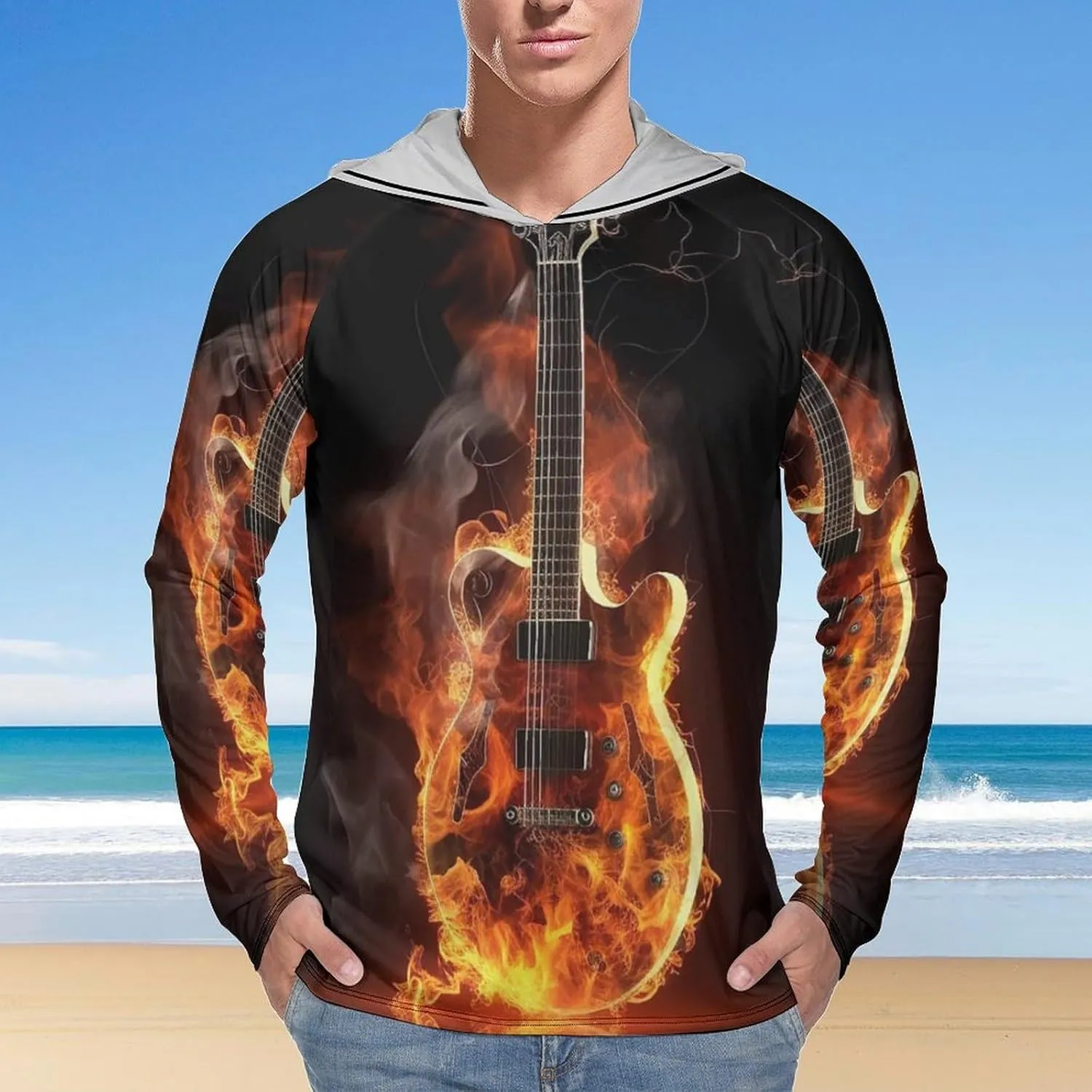 Sun Protection Shirt Long Sleeve Hoodie Fire Guitar Lightweight Rash Guard Quick Dry Sun Shirt for Outdoor
