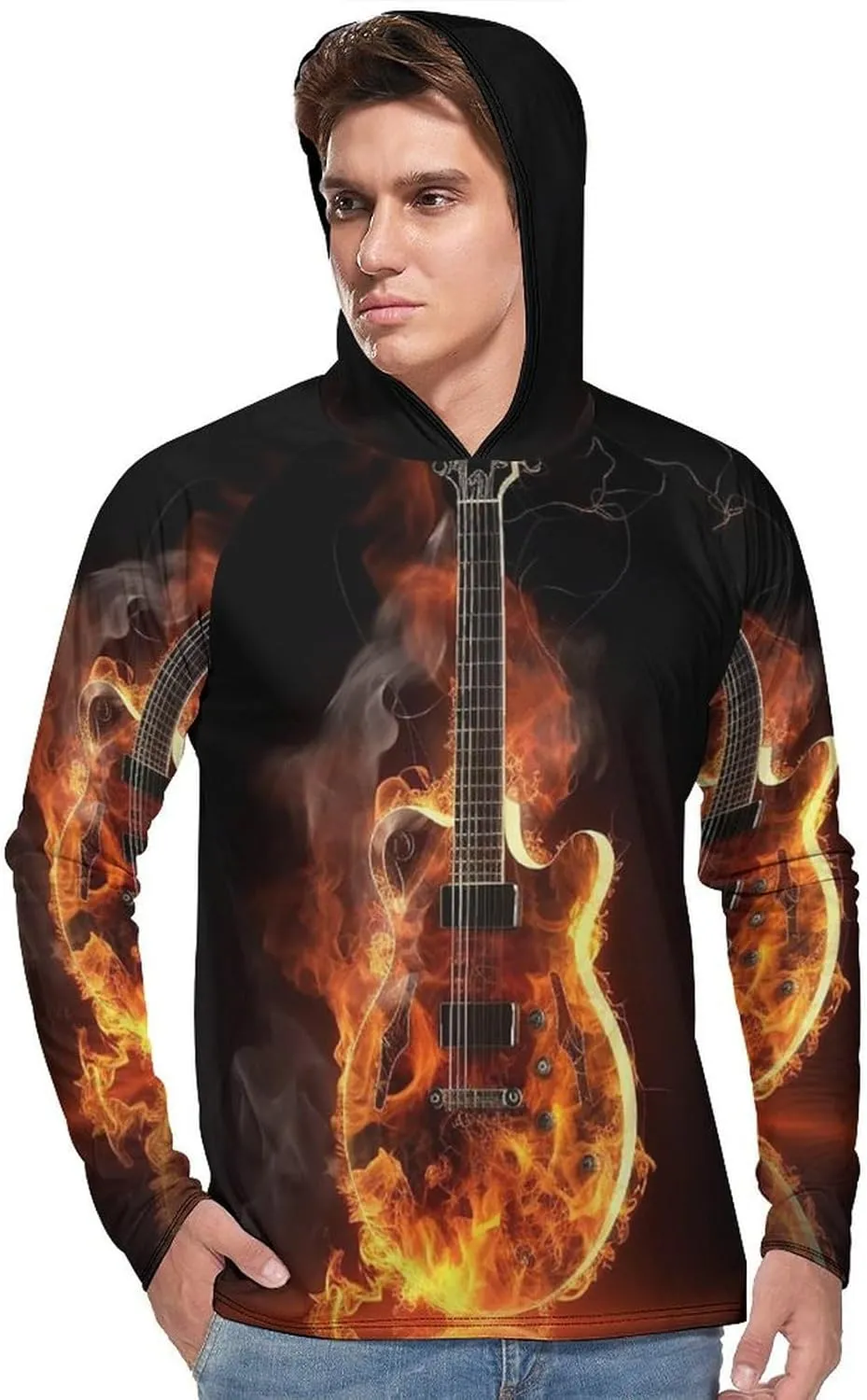 Sun Protection Shirt Long Sleeve Hoodie Fire Guitar Lightweight Rash Guard Quick Dry Sun Shirt for Outdoor