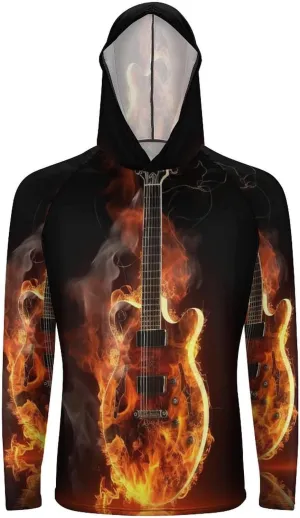 Sun Protection Shirt Long Sleeve Hoodie Fire Guitar Lightweight Rash Guard Quick Dry Sun Shirt for Outdoor