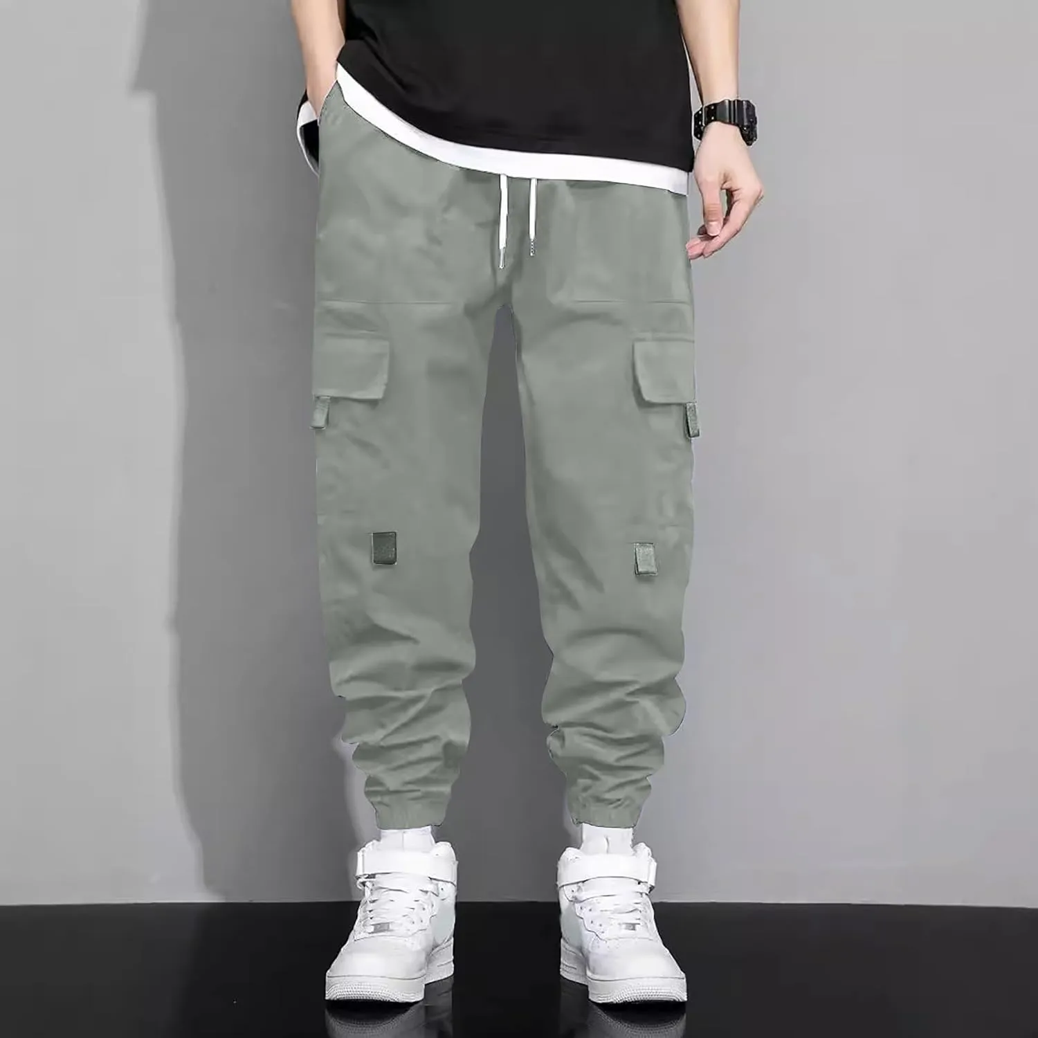Sweatpants for Men Sports Tapered Combat Jogger Mens Solid Color Split Stretchy Joggers Regular Elastic Waist Cargo