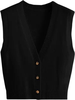 SweatyRocks Women's Basic Sleeveless V Neck Button Front Sweater Vest Knitted Cardigan