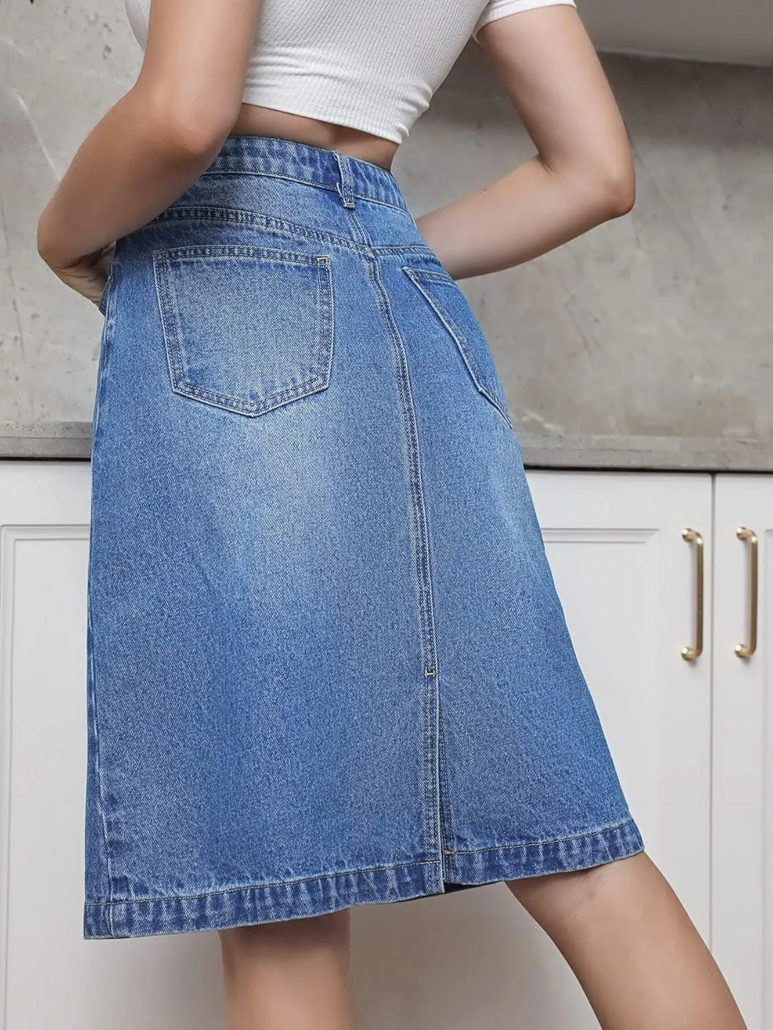 SweatyRocks Women's Casual High Waist Jean Skirt Split Back Straight Hem Knee Length Denim Skirts