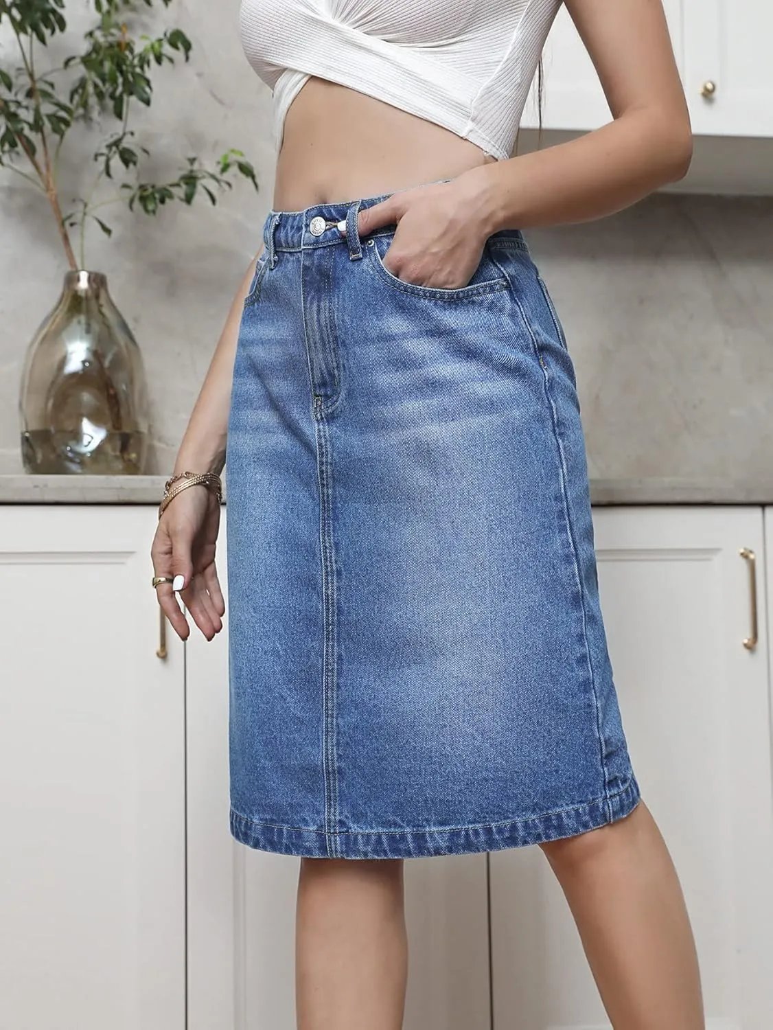 SweatyRocks Women's Casual High Waist Jean Skirt Split Back Straight Hem Knee Length Denim Skirts