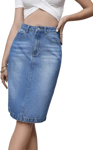 SweatyRocks Women's Casual High Waist Jean Skirt Split Back Straight Hem Knee Length Denim Skirts