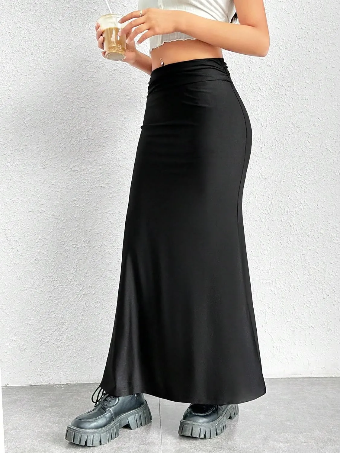 SweatyRocks Women's Elegant Mid Rise Ruched Skirt Fitted Flare Hem Maxi Skirts