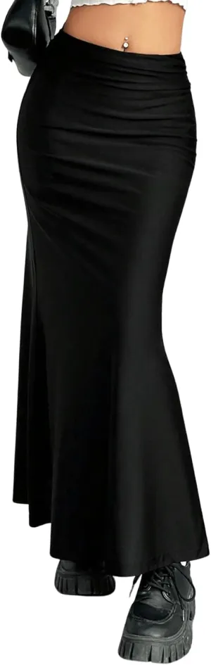 SweatyRocks Women's Elegant Mid Rise Ruched Skirt Fitted Flare Hem Maxi Skirts