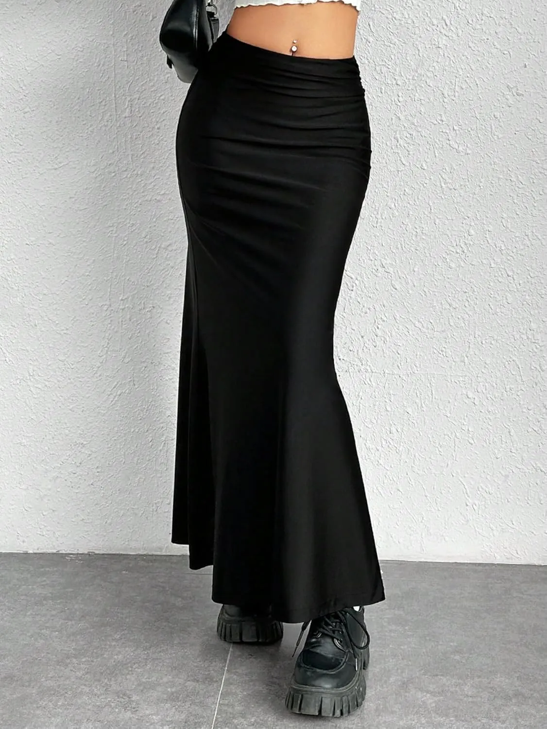 SweatyRocks Women's Elegant Mid Rise Ruched Skirt Fitted Flare Hem Maxi Skirts