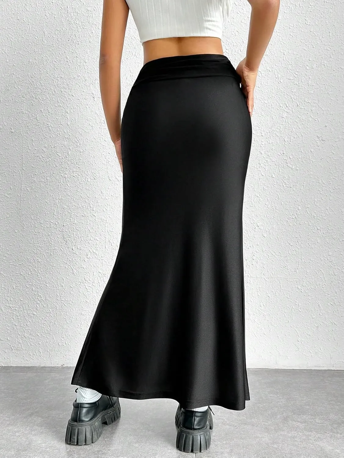 SweatyRocks Women's Elegant Mid Rise Ruched Skirt Fitted Flare Hem Maxi Skirts