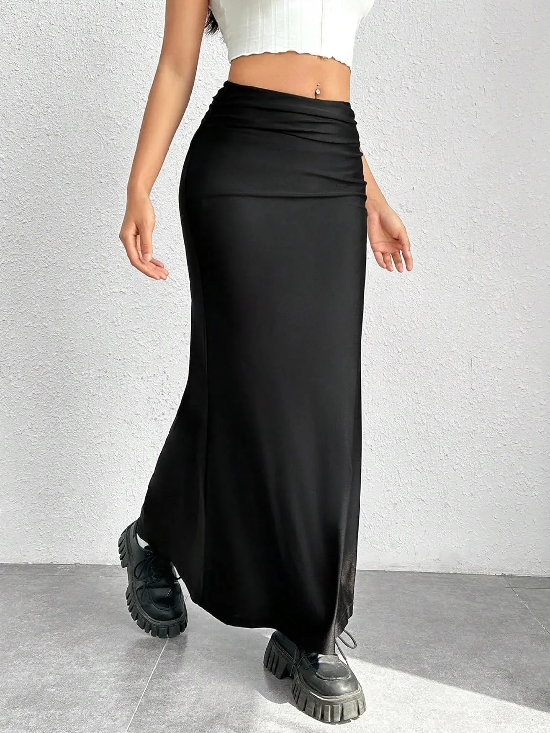 SweatyRocks Women's Elegant Mid Rise Ruched Skirt Fitted Flare Hem Maxi Skirts