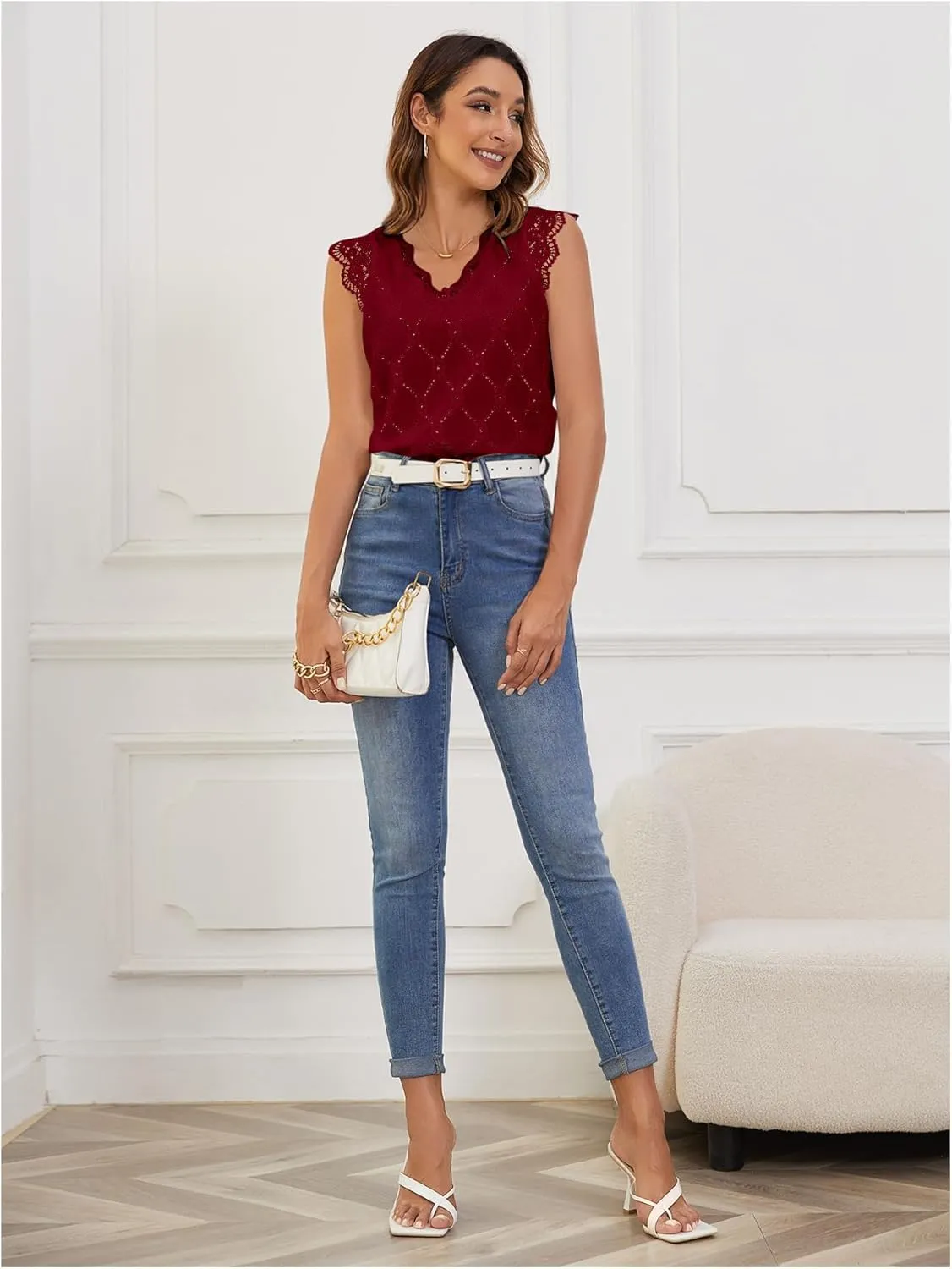 SweatyRocks Women's Floral Lace Scallop Trim Cap Sleeve Eyelet Embroidery V Neck Tee Shirt