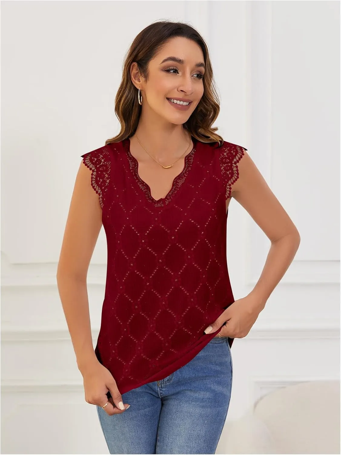 SweatyRocks Women's Floral Lace Scallop Trim Cap Sleeve Eyelet Embroidery V Neck Tee Shirt
