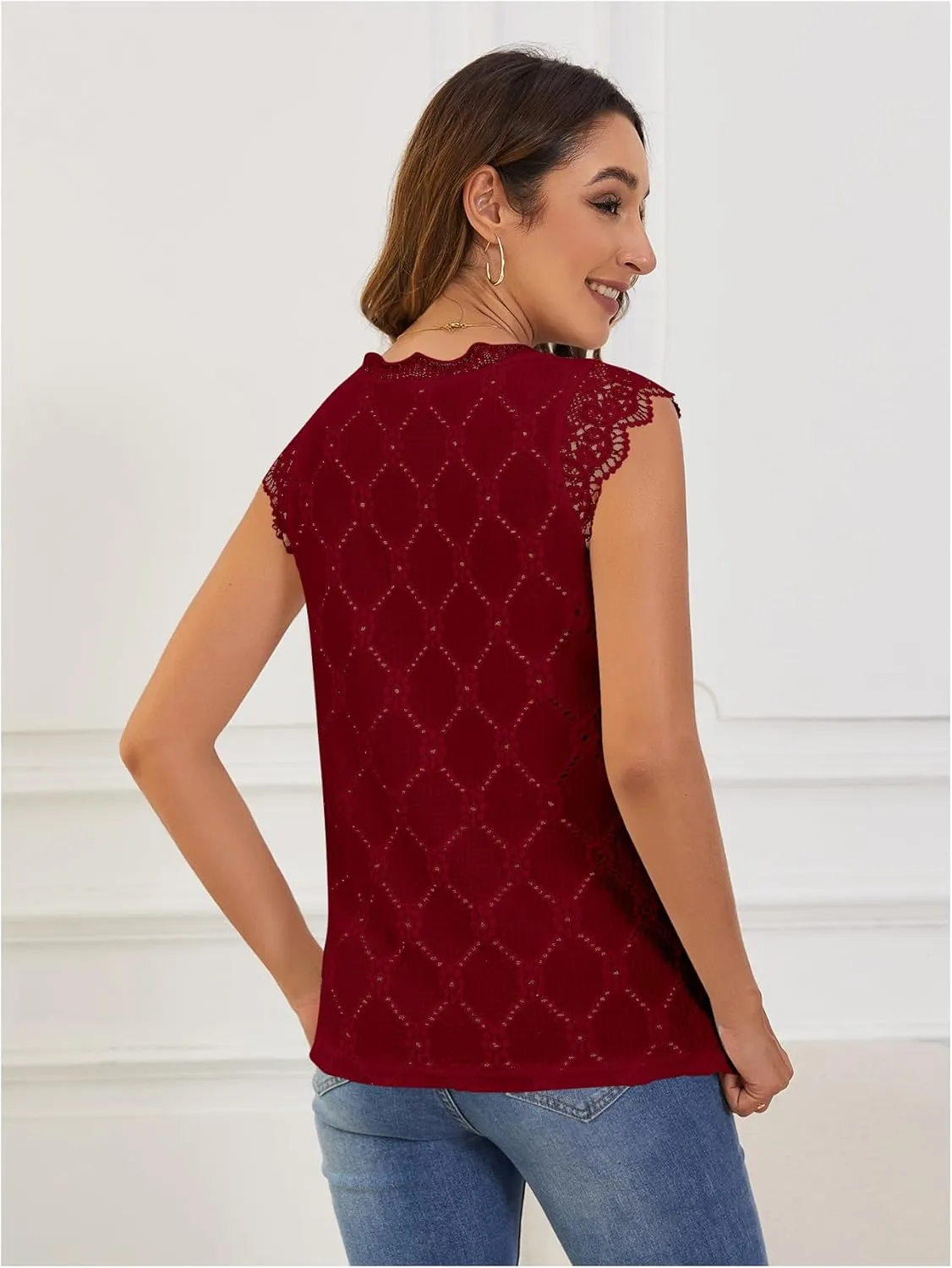 SweatyRocks Women's Floral Lace Scallop Trim Cap Sleeve Eyelet Embroidery V Neck Tee Shirt
