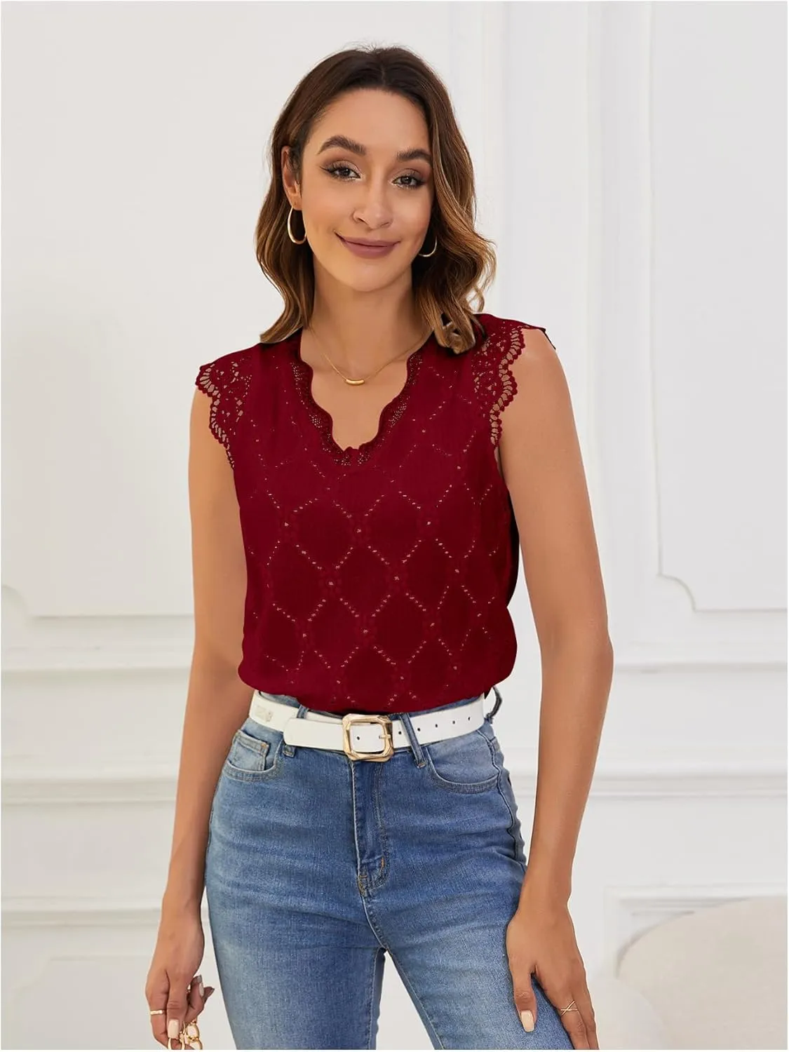 SweatyRocks Women's Floral Lace Scallop Trim Cap Sleeve Eyelet Embroidery V Neck Tee Shirt