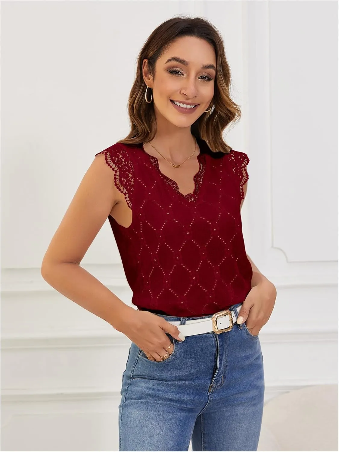 SweatyRocks Women's Floral Lace Scallop Trim Cap Sleeve Eyelet Embroidery V Neck Tee Shirt