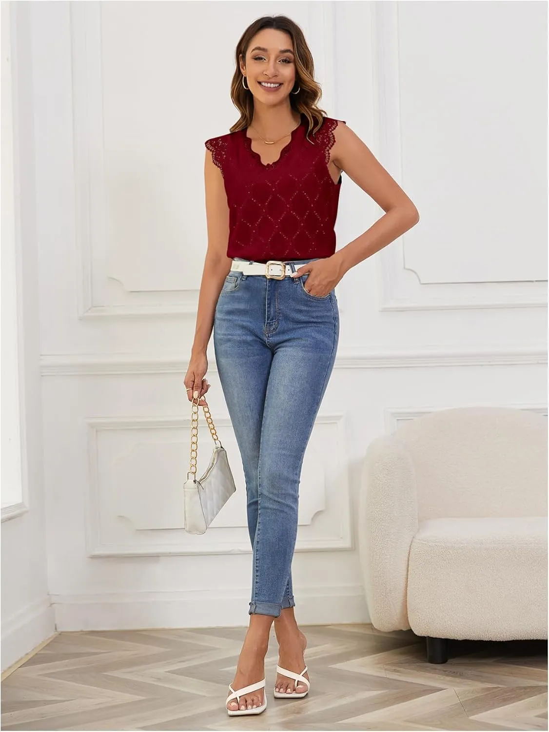 SweatyRocks Women's Floral Lace Scallop Trim Cap Sleeve Eyelet Embroidery V Neck Tee Shirt