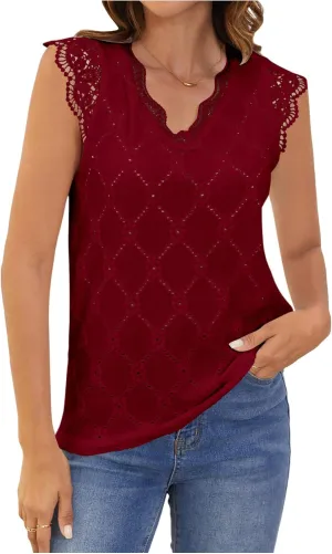 SweatyRocks Women's Floral Lace Scallop Trim Cap Sleeve Eyelet Embroidery V Neck Tee Shirt