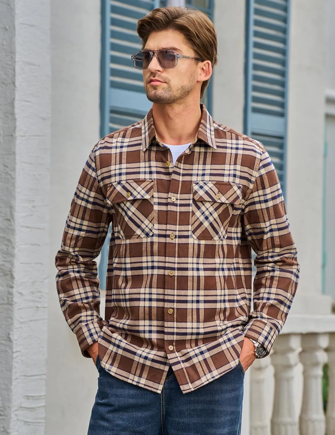 TACVASEN Men's Flannel Shirts Cotton Plaid Shirt Long Sleeve Button Up Shirt Jackets with 2 Chest Pockets