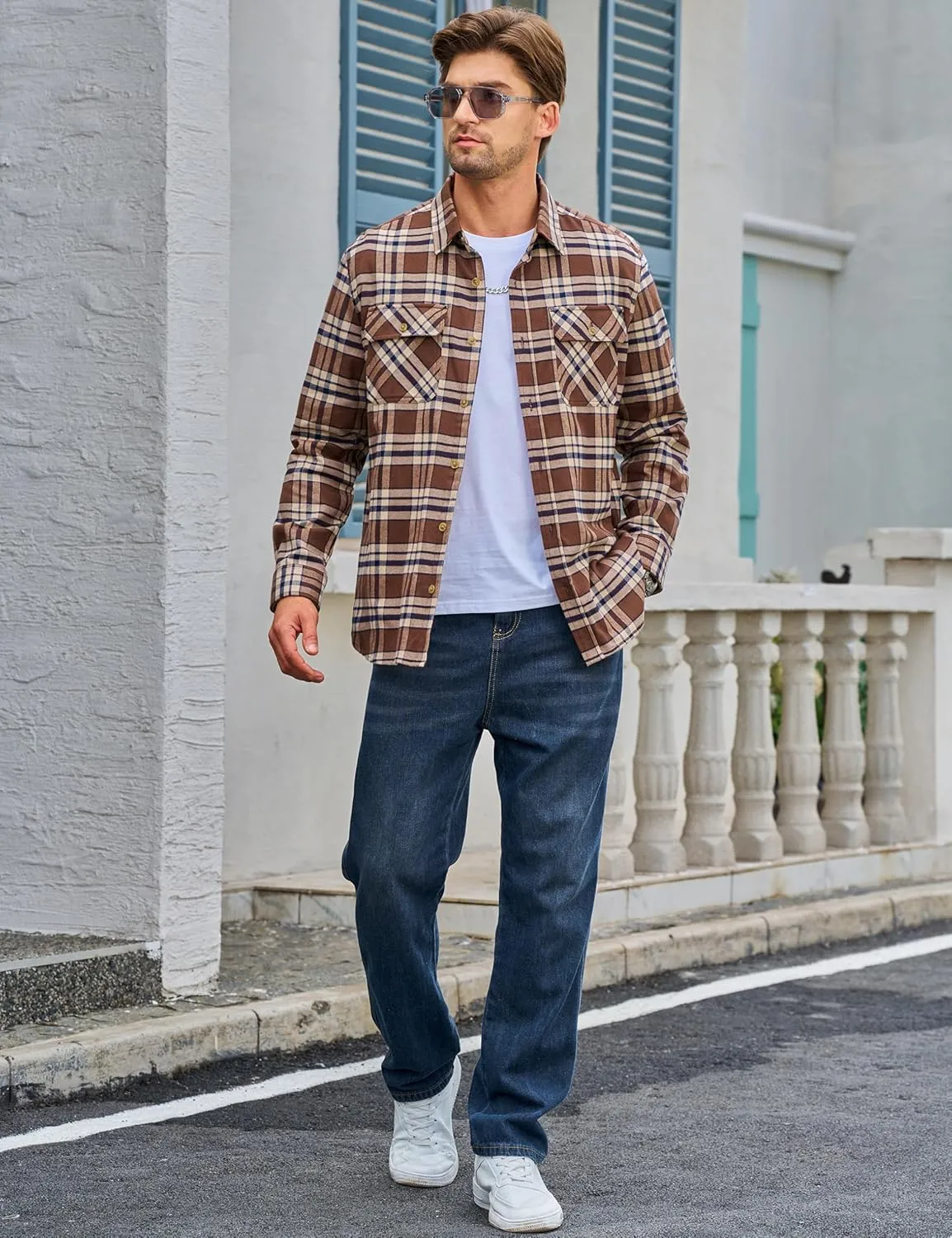 TACVASEN Men's Flannel Shirts Cotton Plaid Shirt Long Sleeve Button Up Shirt Jackets with 2 Chest Pockets