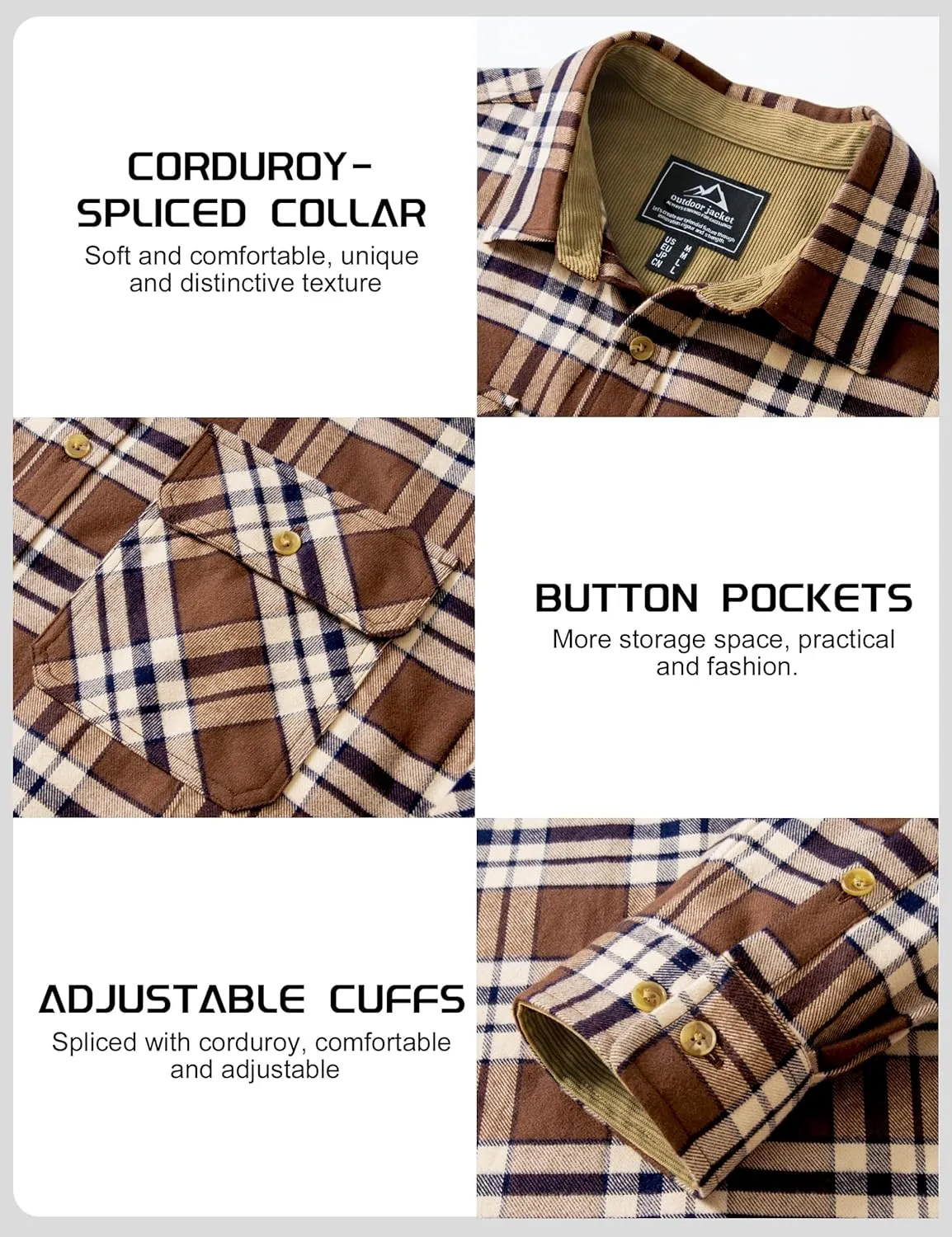 TACVASEN Men's Flannel Shirts Cotton Plaid Shirt Long Sleeve Button Up Shirt Jackets with 2 Chest Pockets