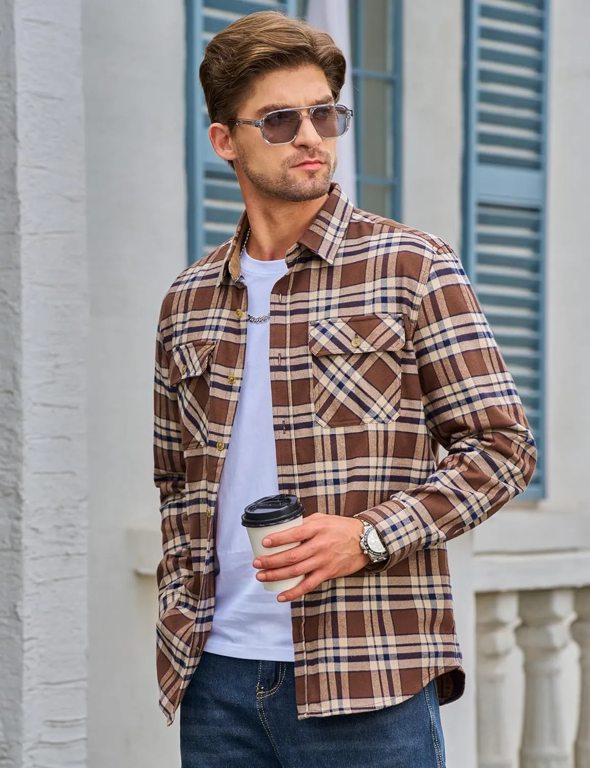 TACVASEN Men's Flannel Shirts Cotton Plaid Shirt Long Sleeve Button Up Shirt Jackets with 2 Chest Pockets