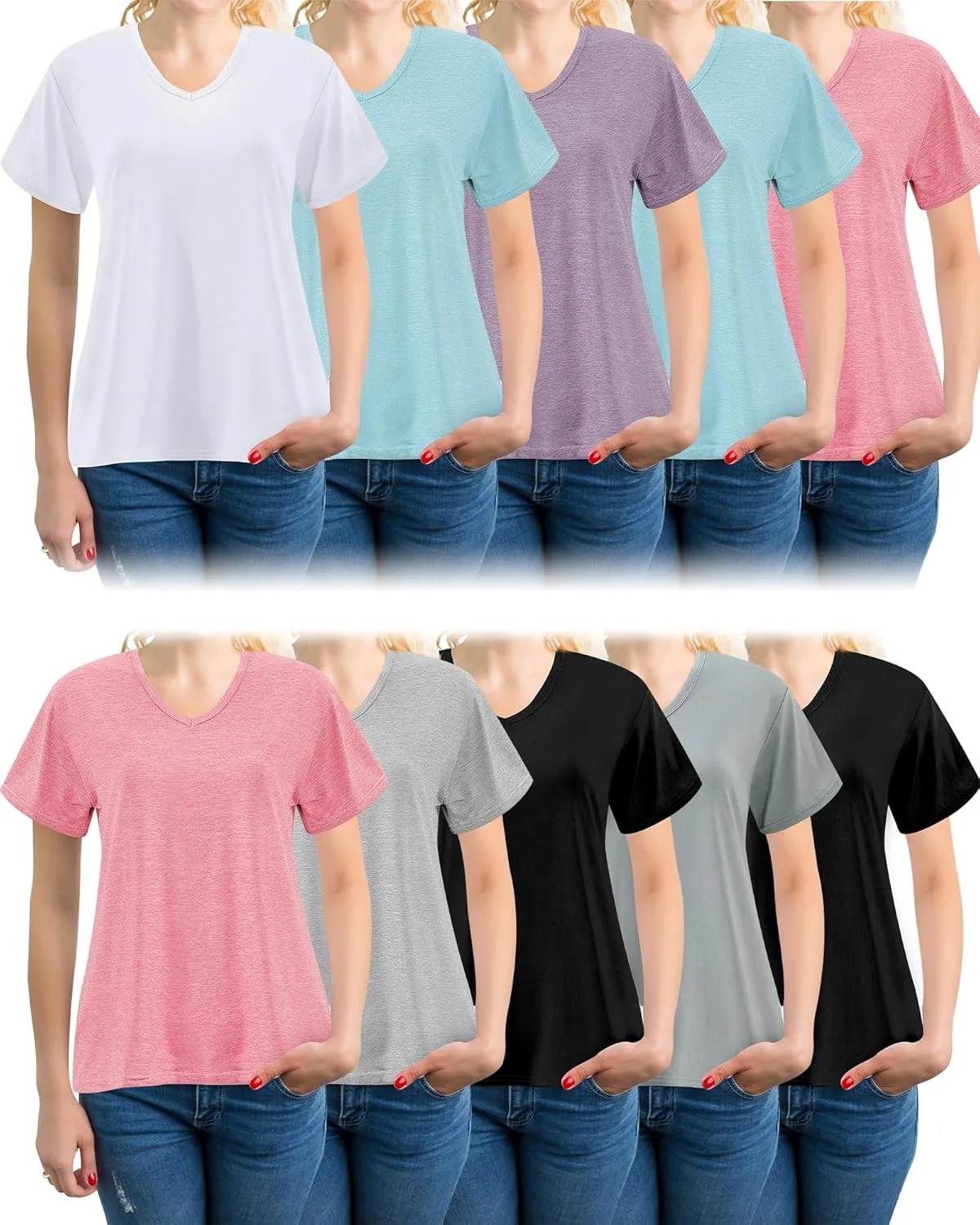 Taiyin 10Pcs Women's Dry Fit T Shirts V Neck Short Sleeve Lightweight Shirts Tee for Workout Athletic Yoga Gym Hiking Running