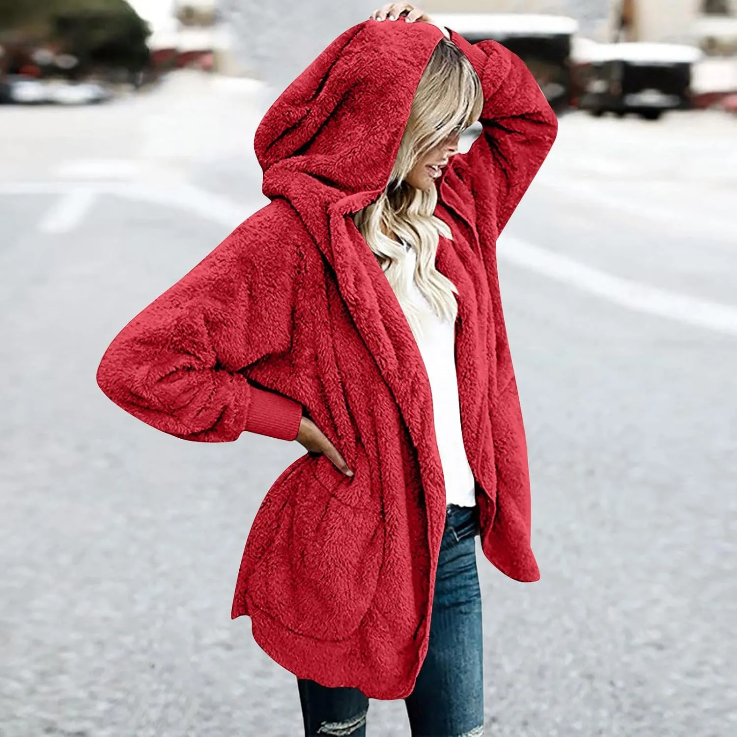 TANGNADE Sherpa Jacket Women with Hood Fleece Fuzzy Hooded Casual Coats Winter Cardigan Open Front Coat Outwear