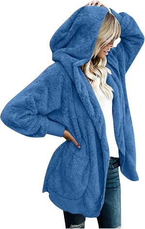 TANGNADE Sherpa Jacket Women with Hood Fleece Fuzzy Hooded Casual Coats Winter Cardigan Open Front Coat Outwear
