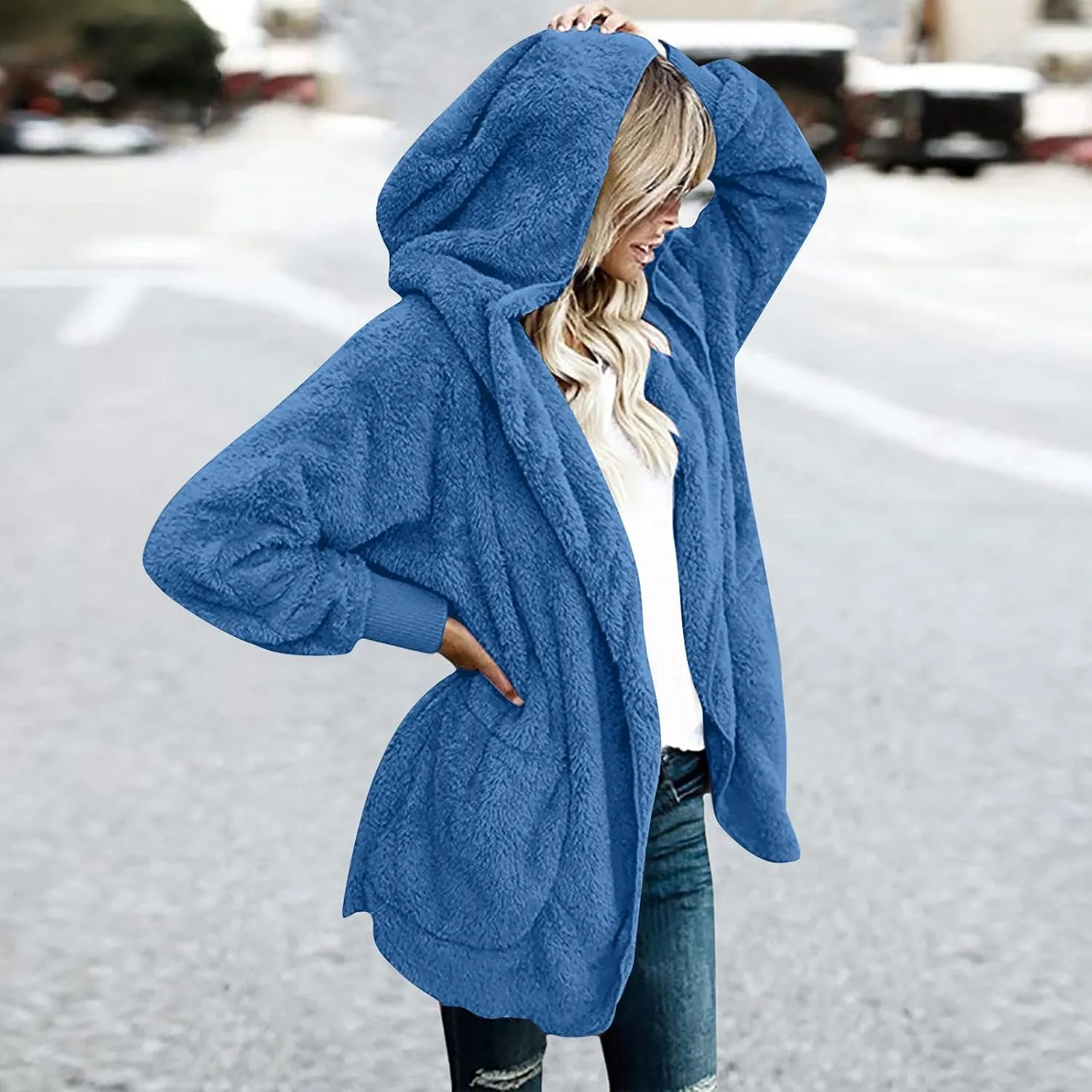 TANGNADE Sherpa Jacket Women with Hood Fleece Fuzzy Hooded Casual Coats Winter Cardigan Open Front Coat Outwear
