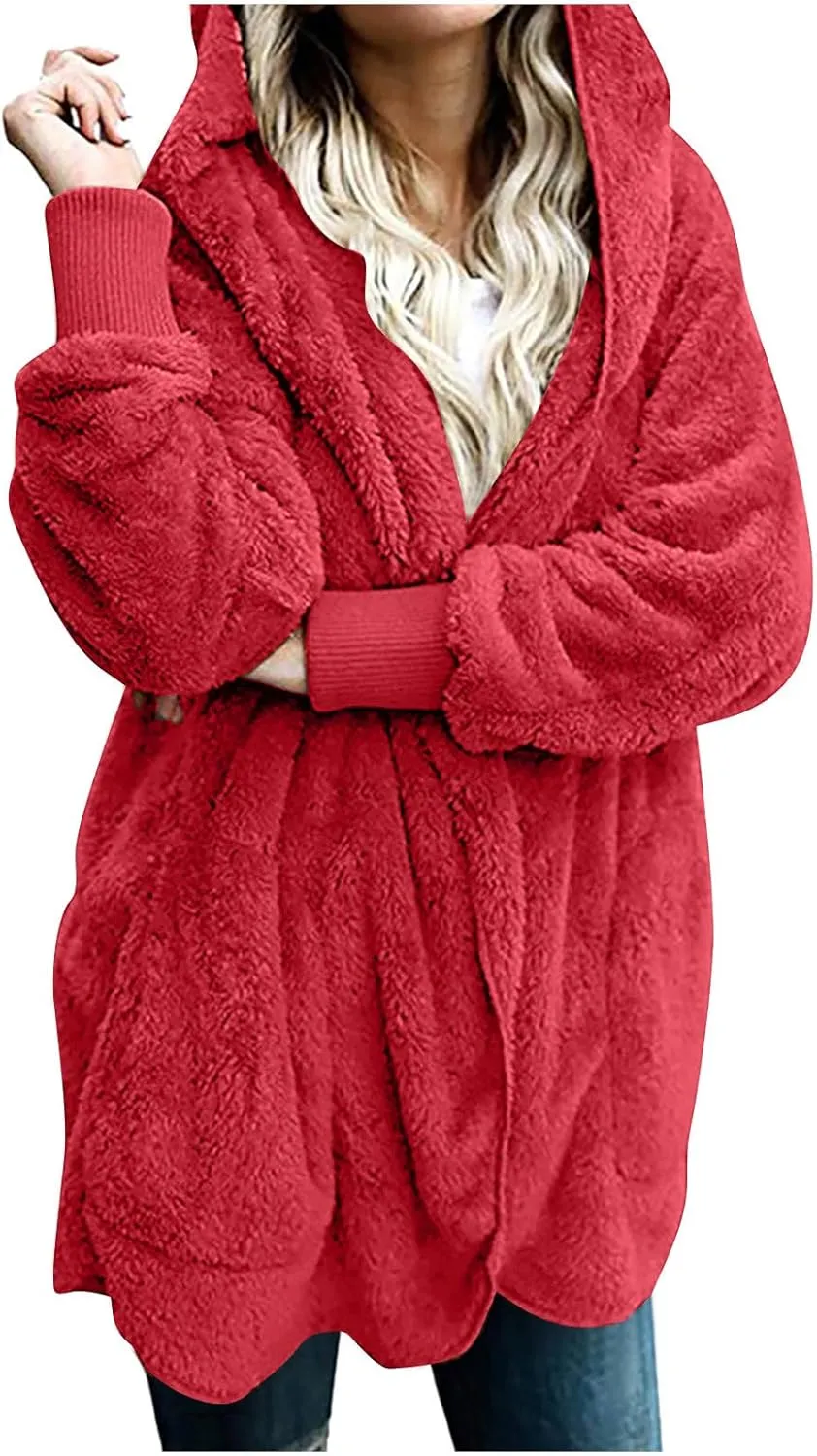 TANGNADE Sherpa Jacket Women with Hood Fleece Fuzzy Hooded Casual Coats Winter Cardigan Open Front Coat Outwear