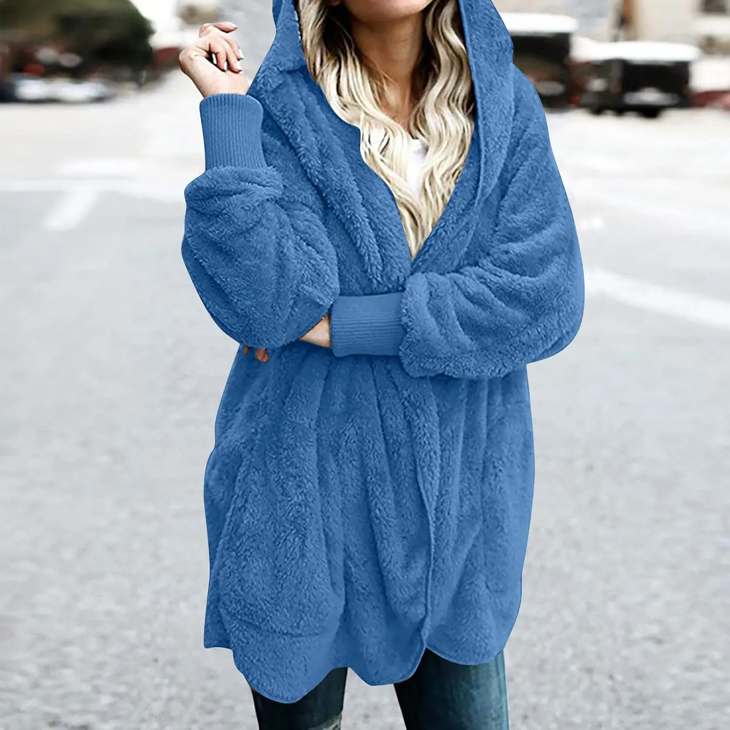 TANGNADE Sherpa Jacket Women with Hood Fleece Fuzzy Hooded Casual Coats Winter Cardigan Open Front Coat Outwear
