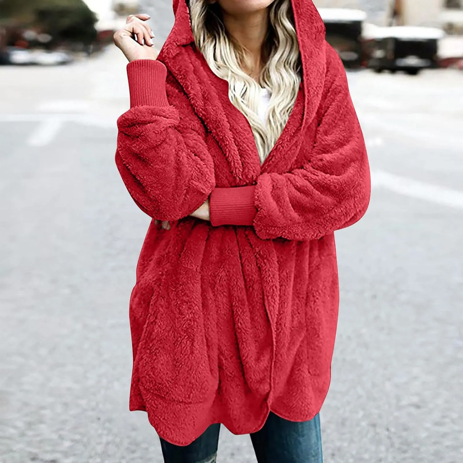TANGNADE Sherpa Jacket Women with Hood Fleece Fuzzy Hooded Casual Coats Winter Cardigan Open Front Coat Outwear