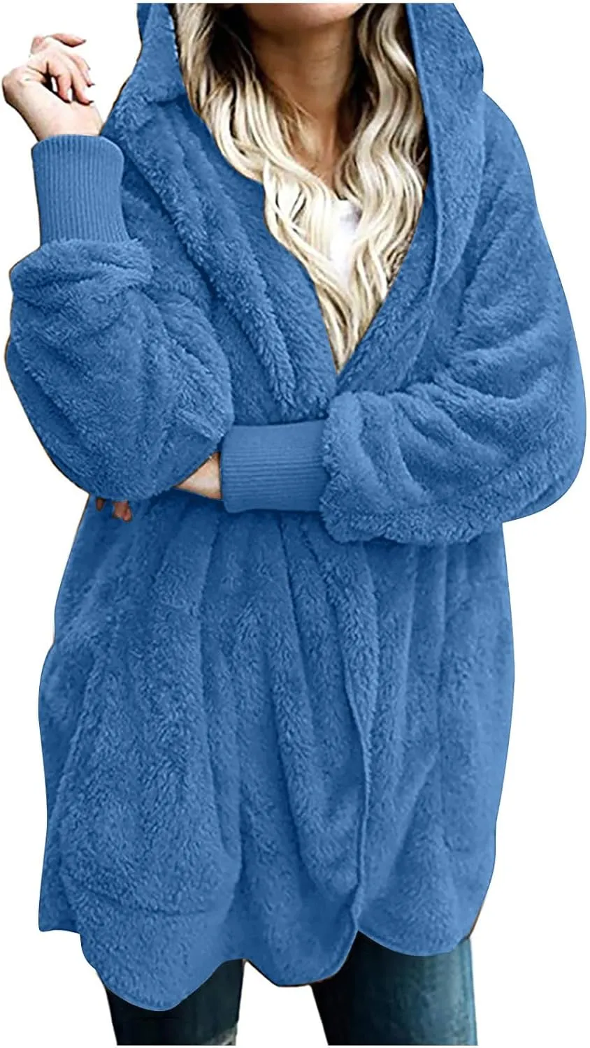 TANGNADE Sherpa Jacket Women with Hood Fleece Fuzzy Hooded Casual Coats Winter Cardigan Open Front Coat Outwear