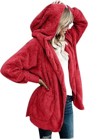 TANGNADE Sherpa Jacket Women with Hood Fleece Fuzzy Hooded Casual Coats Winter Cardigan Open Front Coat Outwear