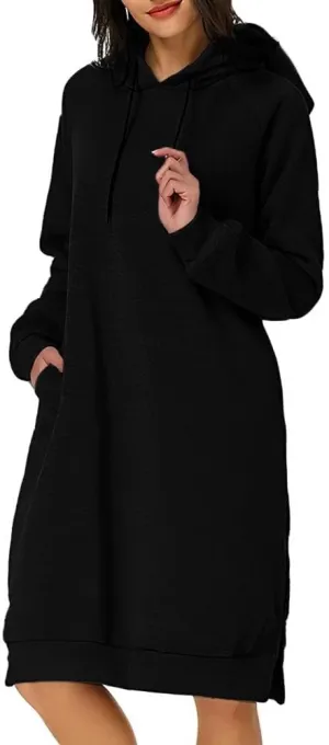 TIAFORD Women's Warmth Fleece Long Sleeve Hoodie Dress Casual Loose Stretch Hem Cuff Oversized Pullover Dresses with Pocket