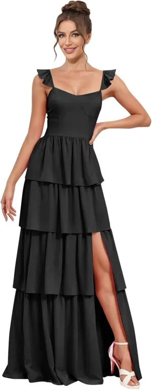 Tiered Bridesmaid Dresses for Women Chiffon Ruffles Long A Line Prom Dress with Slit