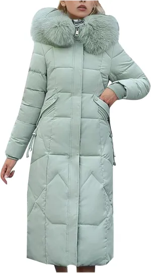 TIMIFIS Down Jacket Women with Fur Hood Plus Size Long Puffer Coats Chunky Quilted Overcoats Winter Warm Parka with Pocket