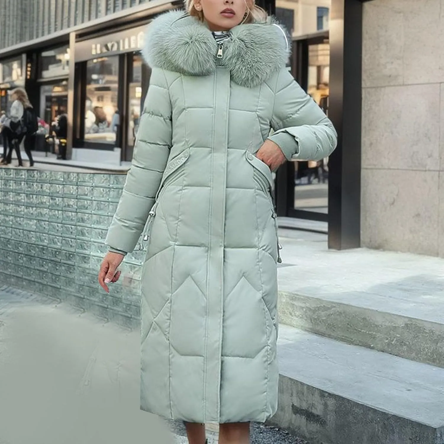 TIMIFIS Down Jacket Women with Fur Hood Plus Size Long Puffer Coats Chunky Quilted Overcoats Winter Warm Parka with Pocket