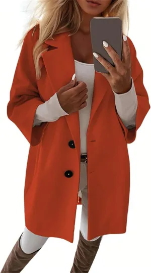 Trench Coat Women 3/4 Sleeve Lapel Neck Winter Pea Coats Casual Thermal Single Breasted Jacket Overcoat with Pockets