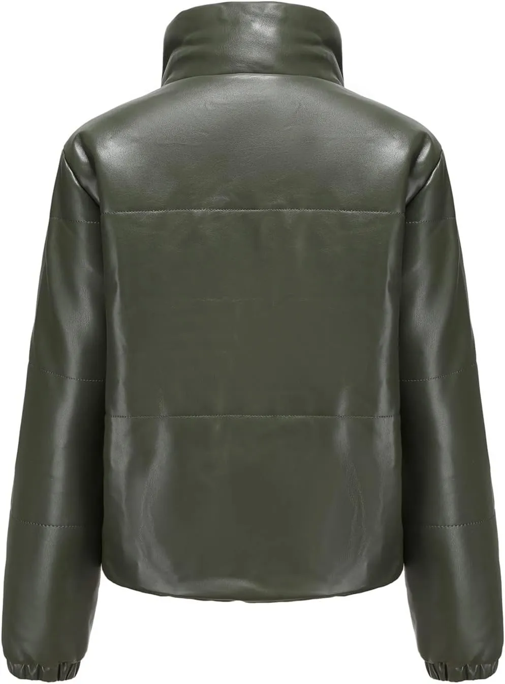 tuduoms Women Faux Leather Puffer Jacket Stand Collar Crop Short Winter Bubble Coat Waterproof Quilted Lightweight Parka Coat