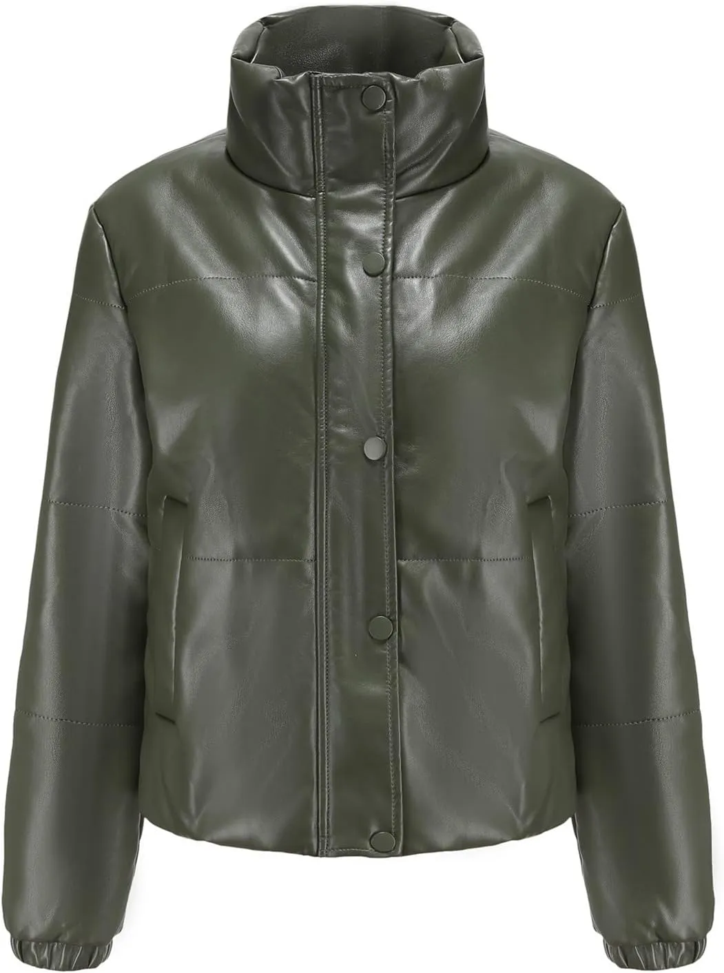 tuduoms Women Faux Leather Puffer Jacket Stand Collar Crop Short Winter Bubble Coat Waterproof Quilted Lightweight Parka Coat