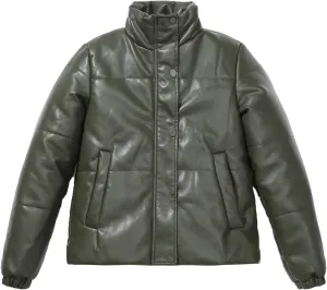tuduoms Women Faux Leather Puffer Jacket Stand Collar Crop Short Winter Bubble Coat Waterproof Quilted Lightweight Parka Coat