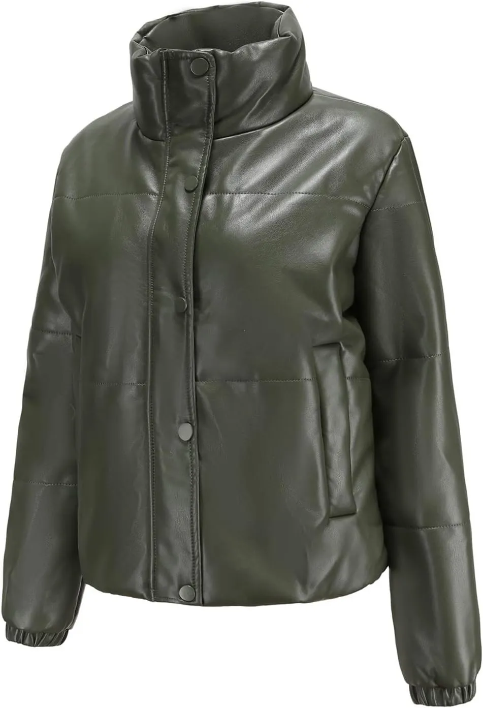 tuduoms Women Faux Leather Puffer Jacket Stand Collar Crop Short Winter Bubble Coat Waterproof Quilted Lightweight Parka Coat