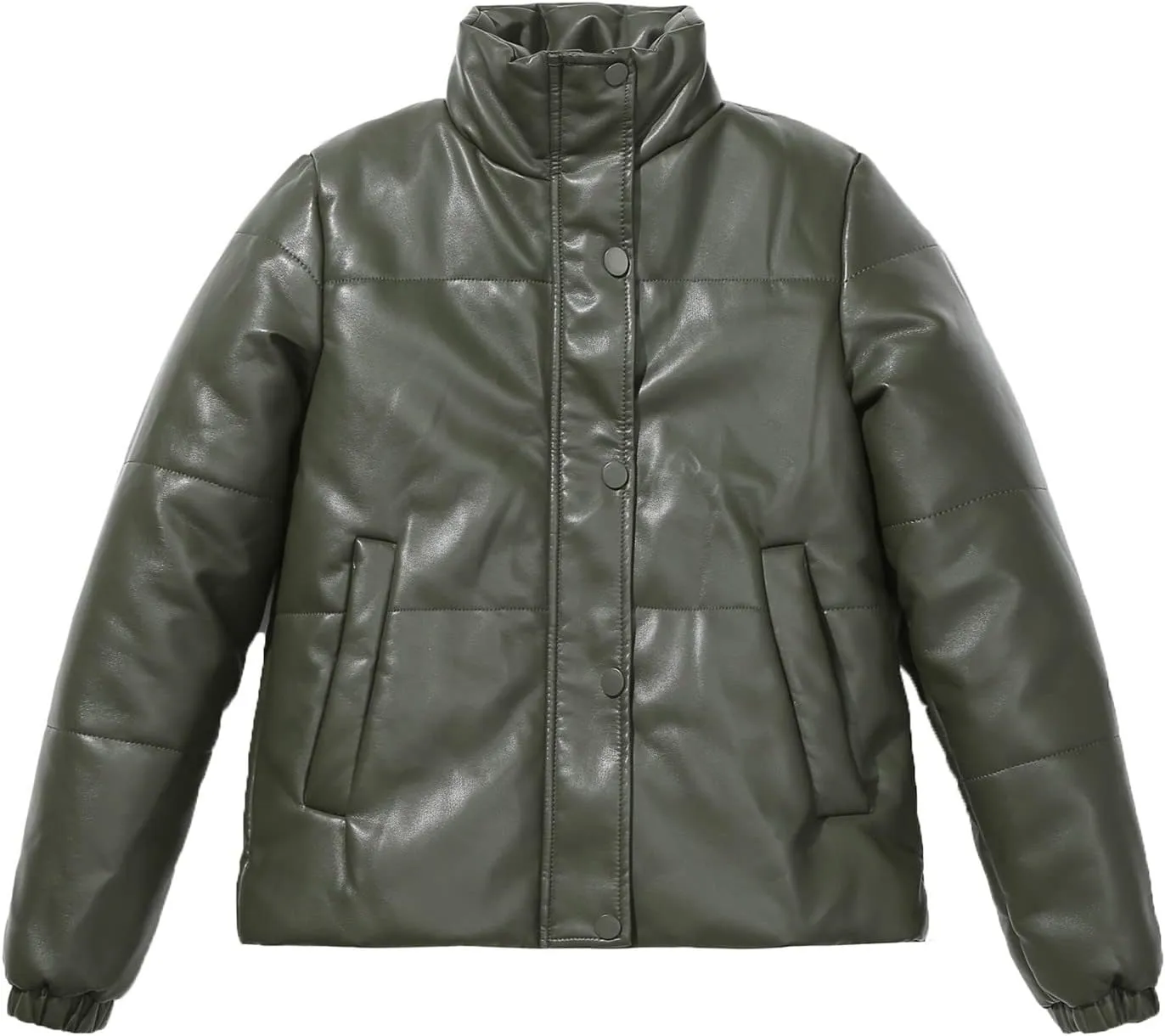 tuduoms Women Faux Leather Puffer Jacket Stand Collar Crop Short Winter Bubble Coat Waterproof Quilted Lightweight Parka Coat