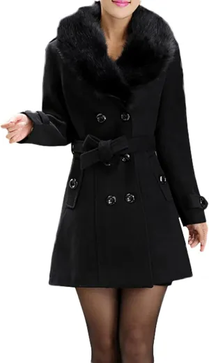 tuduoms Womens Double Breasted Trench Coat Classic Belted Long Pea Coat Elegant Notched Collar Wool Overcoat with Fur Collar