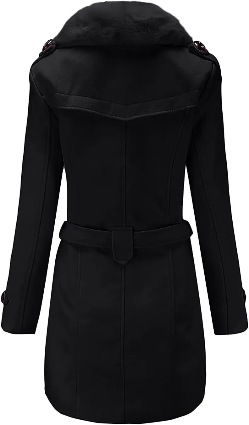 tuduoms Womens Double Breasted Trench Coat Classic Belted Long Pea Coat Elegant Notched Collar Wool Overcoat with Fur Collar