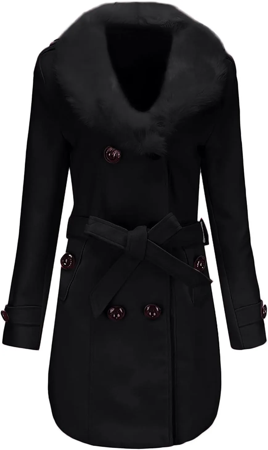 tuduoms Womens Double Breasted Trench Coat Classic Belted Long Pea Coat Elegant Notched Collar Wool Overcoat with Fur Collar
