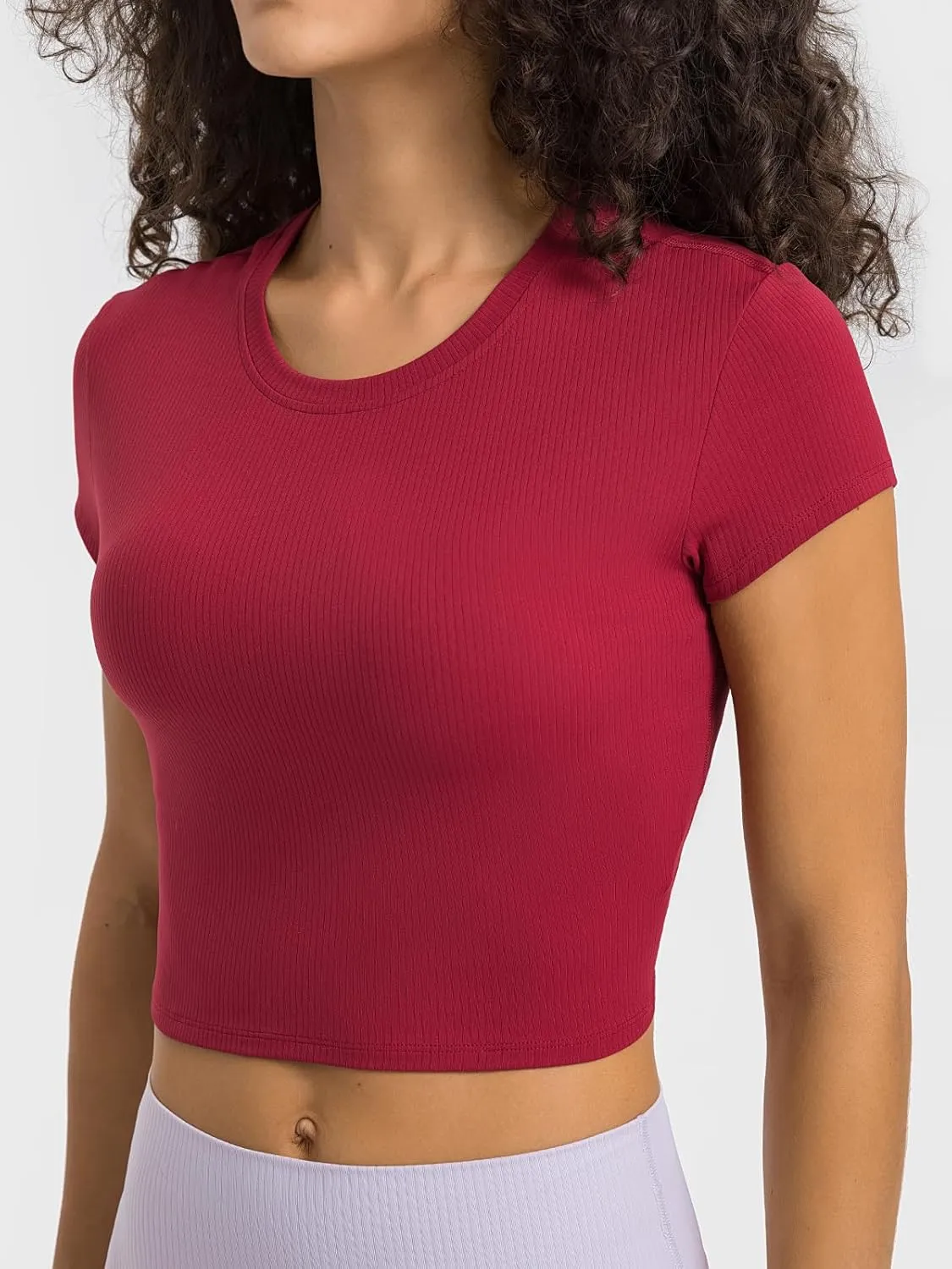 Ukaste Women's Petite Ribbed Short-Sleeve Crewneck Crop T-Shirt - Athletic Yoga Tee Tops for Juniors