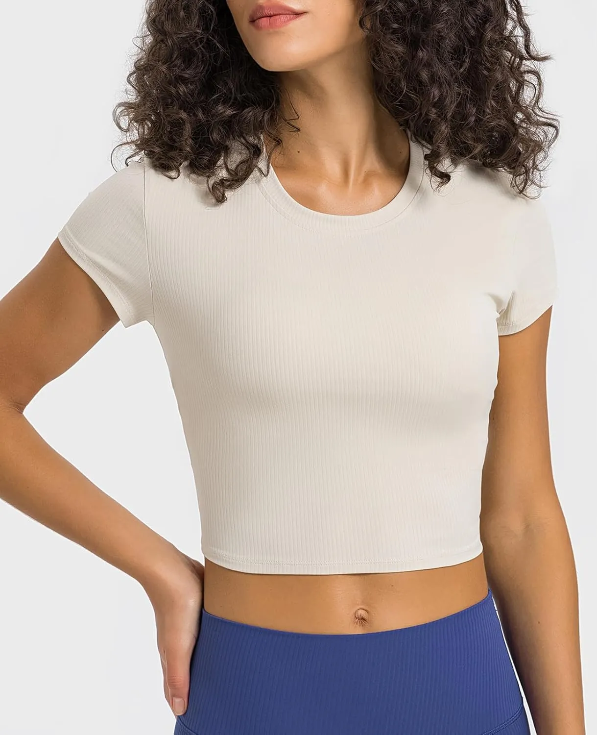 Ukaste Women's Petite Ribbed Short-Sleeve Crewneck Crop T-Shirt - Athletic Yoga Tee Tops for Juniors
