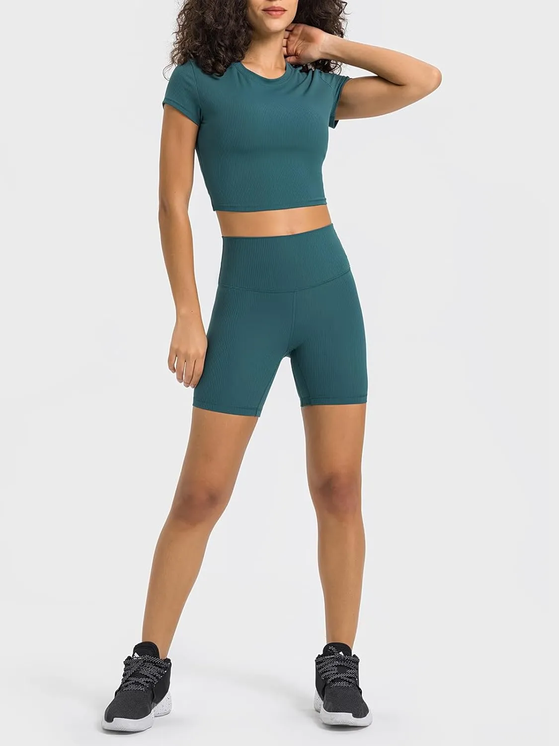 Ukaste Women's Petite Ribbed Short-Sleeve Crewneck Crop T-Shirt - Athletic Yoga Tee Tops for Juniors