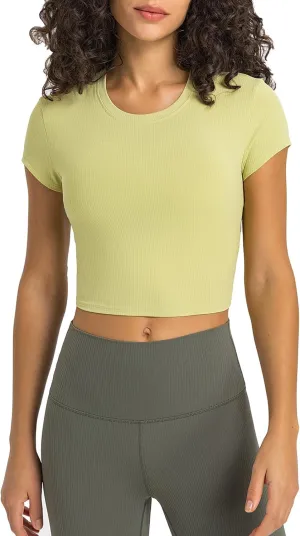 Ukaste Women's Petite Ribbed Short-Sleeve Crewneck Crop T-Shirt - Athletic Yoga Tee Tops for Juniors